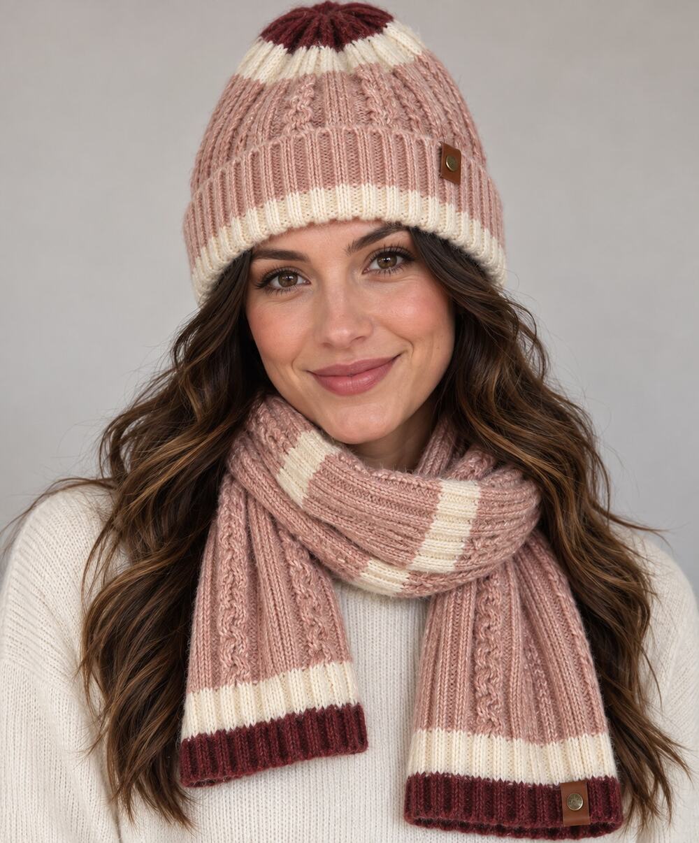 Frye and Co. Pink Cream Burgundy Cable Knit Beanie Scarf Set